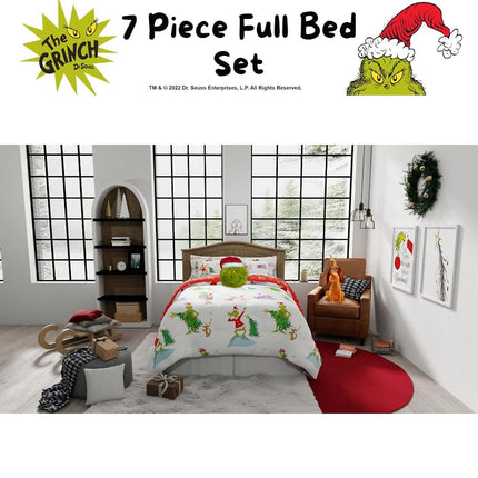 Housse de couette et parure de draps Franco avec taie, microfibre, Grinch-Blanc + Rouge, 7 pièces Grand lit