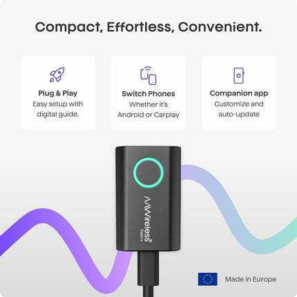 AAWireless Two+ Android Auto & Carplay 2-in-1 Adapter — Wireless Connection via Bluetooth & WiFi — Suitable for iOS 10+ & Android 11+ — Multifunctional Button — Made in Europe