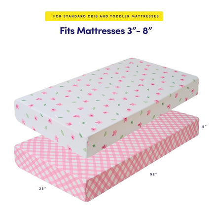 Paquete de 2 sábanas para cuna de niños y niñas – Ajuste elástico completo para colchones de cuna estándar (28″×52″) – Estampados elegantes de animales de zoológico, plumas, cuadros vichy y pétalos, enredaderas de acuarela, cuadros vichy y pétalos