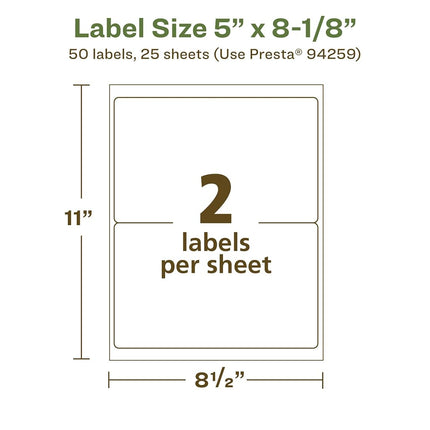 Avery EcoFriendly Matte White Recycled Rectangle Labels, 5" x 8-1/8", Matte White Labels, Permanent Adhesive, Laser/Inkjet Printable, 50 Total