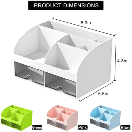 COMFYROOM Organizador de escritorio con 6 compartimentos y 2 cajones, organizador de maquillaje de plástico, portalápices para almacenamiento de escritorio, organizador de escritorio para útiles escolares, hogar, oficina (blanco-2 unidades)