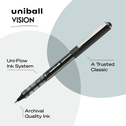 Uni-Ball Vision Rollerball Pens, Black, 4 Pack, 0.5mm Micro Point, Fine Point, Smooth Writing, Office Supplies