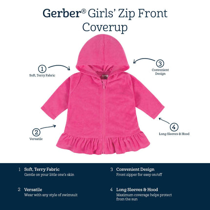 Gerber Baby-Girls Toddler Zipper Hoodie Terry Swimsuit Cover Up, Pink, 3T