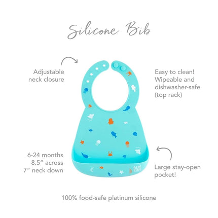 Bumkins Bibs, Silicone Pocket for Babies, Baby Bib for Girl or Boy, for 6-24 Months Up to Toddler, Essential Must Have for Eating, Feeding, Baby Led Weaning Supplies, Mess Saving, Ocean Life Blue