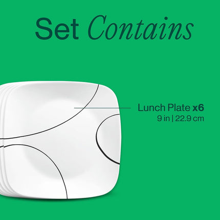 Corelle Square Simple Lines Lunch Plate Set, 6 Pack