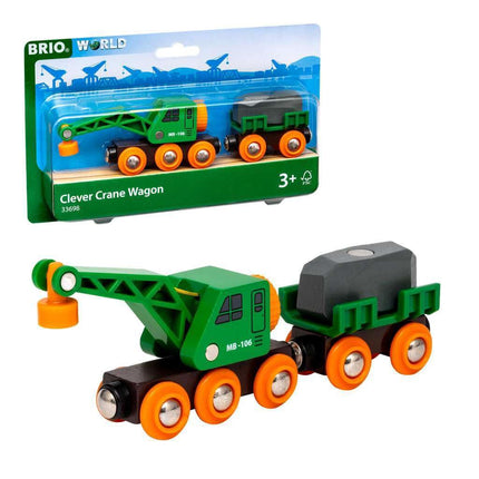 BRIO World Clever Crane Wagon for Kids Age 3 Years Up - Wooden Railway Train Accessories and Add Ons
