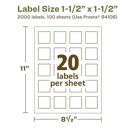Avery EcoFriendly Matte White Recycled Square Labels, 1.5" x 1.5", Print-to-The-Edge, Matte White Labels, Permanent Adhesive, Laser/Inkjet Printable, 2,000 Total