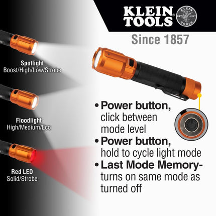 Rechargeable 2-Color LED Flashlight, Holster, Spotlight, Floodlight, Red LED, 1000 Lumens, USB Cable, Camping, Hunting Klein Tools 56413