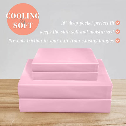 Elegant Comfort Luxurious 4-Piece Silky Satin Sheet Set, Skin and Hair Friendly, Wrinkle, Fade, Stain Resistant with Deep Pockets Fitted Sheet, Cooling Soft Satin Sheet Set, Queen, Light Pink