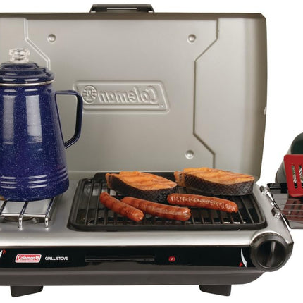 Parrilla y estufa de mesa 2 en 1 Coleman con 2 quemadores ajustables, parrilla/estufa de propano con encendido de botón, protectores contra el viento, bandeja para la grasa y 20,000 BTU de potencia para camping, pícnics y mucho más
