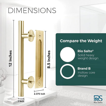 Rio Salto 12-Inch Brushed Brass Gold Barn Door Handle Kit, Closet Door Handle Stainless Steel, Pull Handle and Flush Handle Set, Heavy Duty Large Sliding Door Handles Hardware Included (1-Door Pack)