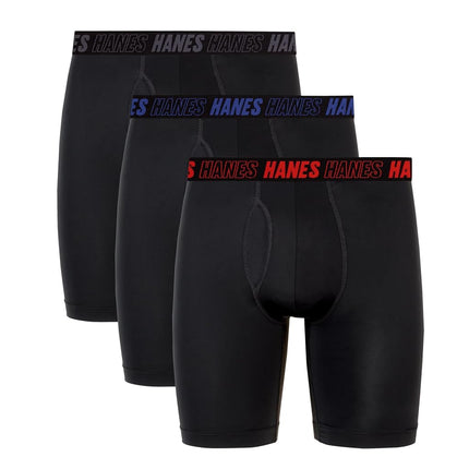 Hanes Men's Moves Performance Boxer Brief, Total Support Pouch, Regular, Trunk, 3-Pack, Long Leg-Black-3 Pack, M (Pack of 3)