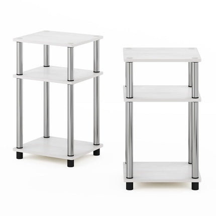 Furinno JUST Side Table Set of 2, 3-Tier End Tables, Open Shelves Night Stand, Nightstand, Toolless Assembly, for Living Room, Bedroom, White Oak/Stainless Steel