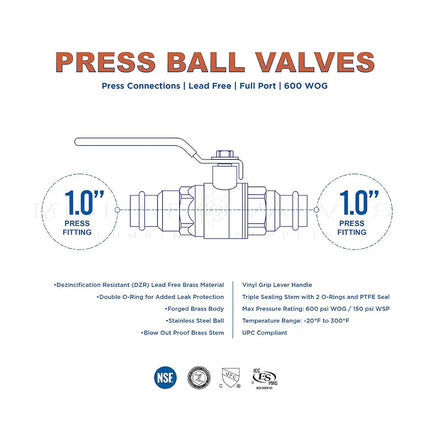 Midline Valve 532VLV001 Double-O-Ring Press Ball Valve, with 1 in. Connections, Full Port, Water Shutoff, Brass (Pack of 5) (532VLV001-5)
