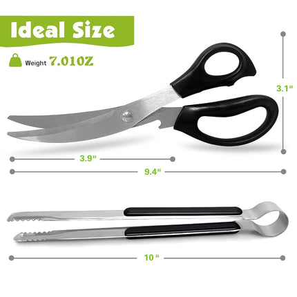 Kitchen Scissors. Korean Barbecue Scissors and Tongs Set, Kitchen Shears and Tongs for Cutting Meat, Chicken, Vegetables, Stainless Steel Multipurpose Non-Slip Serrated Sharp BBQ Scissors BBQ Tongs