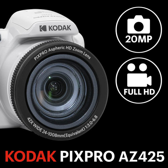 KODAK Pixpro Astro Zoom AZ425 - Digital Bridge Camera, 42X Optical Zoom, 24mm Wide Angle, 20 Megapixels, 3" LCD, Full HD 1080p Video, Li-ion Battery - White