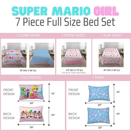 Franco Super Mario Girl Princess Peach Girl Gamer Kids Bedding Super Soft Comforter and Sheet Set with Sham, 7 Piece Full Size, (Official Licensed Product)