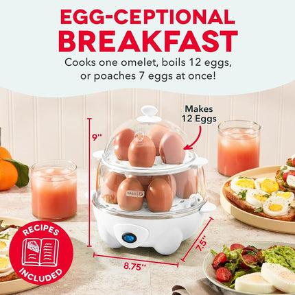 Cocina huevos Dash Deluxe rápida para huevos duros, escalfados, revueltos, tortillas, vegetales al vapor, dumplings y más, capacidad para 12 unidades, con función de apagado automático - Blanco