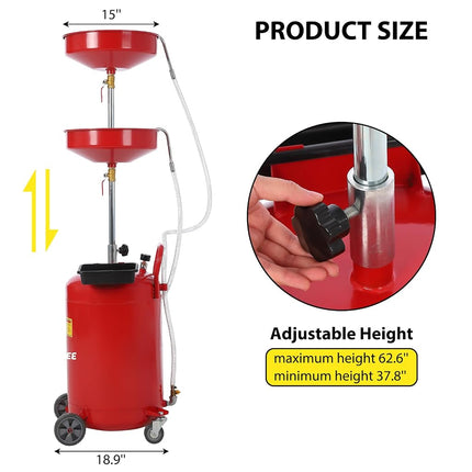 Garvee 20 Gallon Waste Oil Drain Tank, Portable Oil Drain Container, Air Operated Drainer, Fluid Fuel Transfer Drainage, Adjustable Funnel Height with Wheel &15'' Premium Bowl and a Toolbox