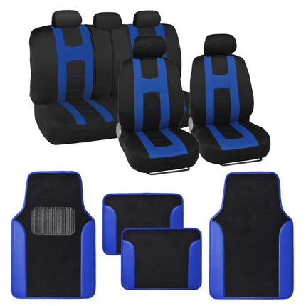 BDK Combo Sport Accent Fresh Design Matching All Protective Car Seat Covers (2 Front 1 Bench) with Heavy Protection Sleek Graphic Auto Carpet Floor Mats (4 Set) - Blue Accent
