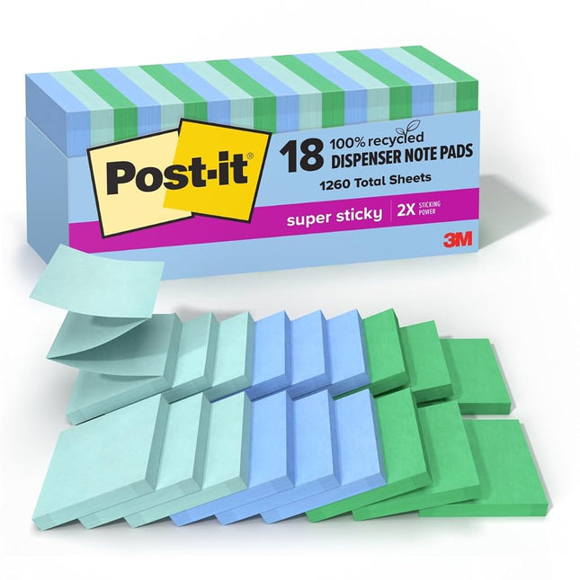 Post-it Super Sticky 100% Recycled Pop-up Notes, Oasis Collection, 3 in. x 3 in., 70 Sheets, 18 Pads, School Supplies and Office Products