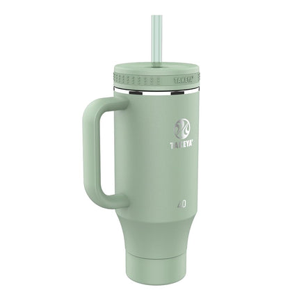 Vaso térmico de acero inoxidable de doble pared Takeya con asa y tapa con popote, 40 oz, Matcha