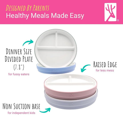 Elk and Friends Kids 7.8” Porcelain White Divided Plates with Silicone Sleeves | Suitable for Babies/Toddlers | Microwave & Dishwasher Safe | Non Slip Dinnerware | Snack Dishes | 4 Pack
