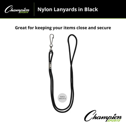 Champion Sports Nylon Lanyards with J-Hook Clip, Black - 12 Pack (Poly Bag)