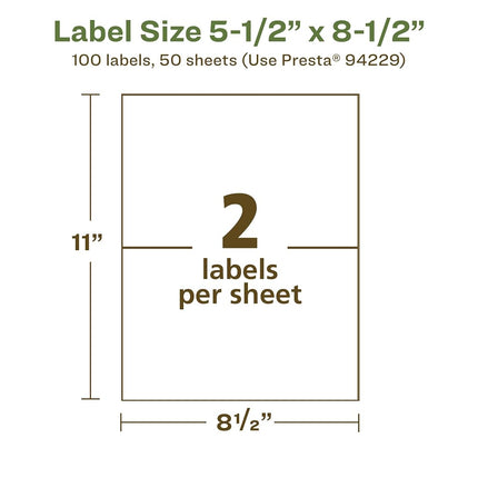 Etiquetas rectangulares recicladas Avery EcoFriendly blancas mate, 5.5" x 8.5", etiquetas blancas mate, adhesivo permanente, imprimibles con láser/inyección de tinta, 100 unidades en total
