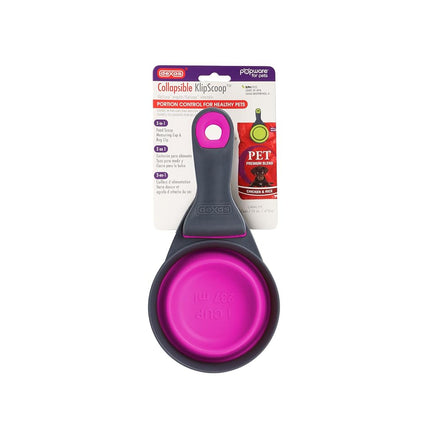 Dexas Pets Collapsible KlipScoop Collapsible Dry Dog Food Scoop and Dog Food Bag Clip, 1 Cup Capacity, Fuchsia