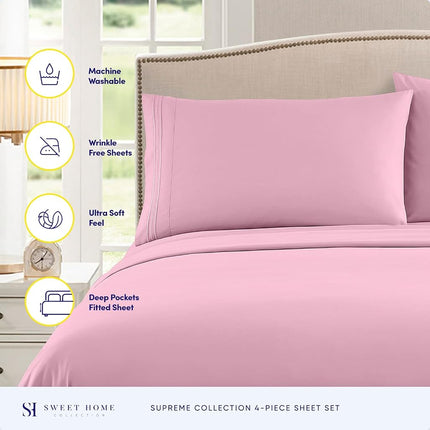 Parure de Draps California King - Draps de Luxe Respirants avec Élastique Intégral et Sangles d'Angle Sécurisées Intégrées - Collection Suprême 1800 Parure de Lit King Size California King, Poches Profondes, Parure de Draps, California King, Rose