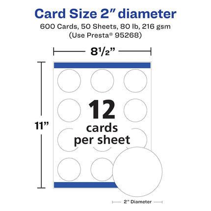 Avery Printable Round Cards with Sure Feed Technology, 2" Diameter, Matte White Cardstock, Print-to-the-Edge, Laser/Inkjet Cards, 600 Total
