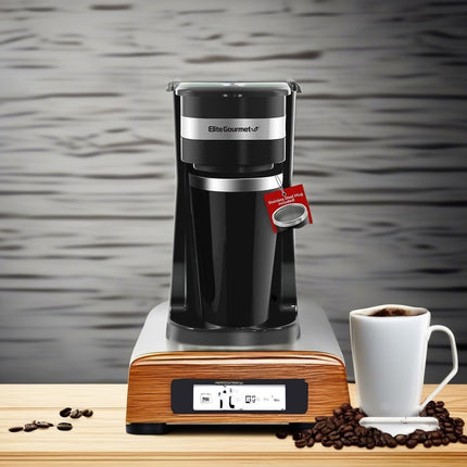 Elite Gourmet EHC113 Personal Single-Serve Compact Coffee Maker Brewer Includes 14Oz. Stainless Steel Interior Thermal Travel Mug, Compatible with Coffee Grounds, ReCaable Filter, Black