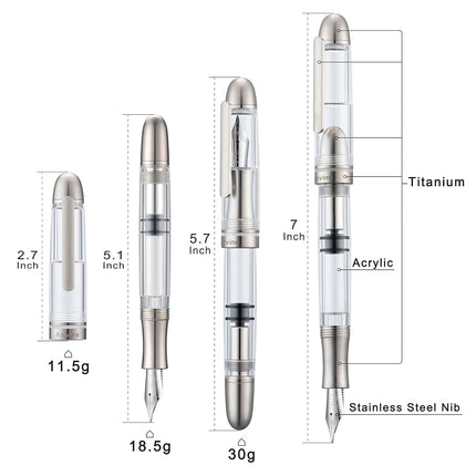 Asvine P36 Titanium Fountain Pen Piston Filling, Extra Fine Nib Clear Transparent Acrylic Smooth Writing Pen Case Set