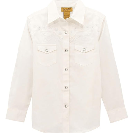 Wrangler Girls’ Long Sleeve Two Flap Pockets Snap Front Shirt, White, Large