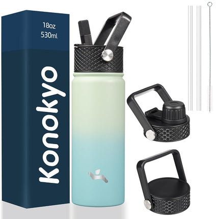 Konokyo Insulated Water Bottle with Straw,18oz 3 Lids Metal Bottles Stainless Steel Water Flask,Mint