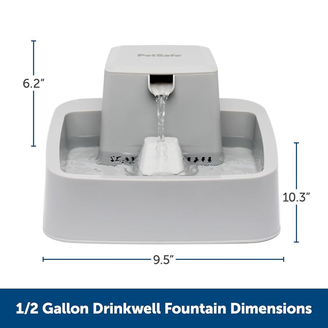 PetSafe Drinkwell 1/2 Gallon (64 Ounce) Small Pet Fountain - Small Dog and Cat Water Fountain - Dishwasher Safe Filtered Water Dispenser with Flow Control - Easy to Clean - Filters Included