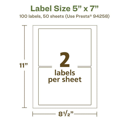 Avery EcoFriendly Matte White Recycled Rectangle Labels, 5" x 7", Matte White Labels, Permanent Adhesive, Laser/Inkjet Printable, 100 Total