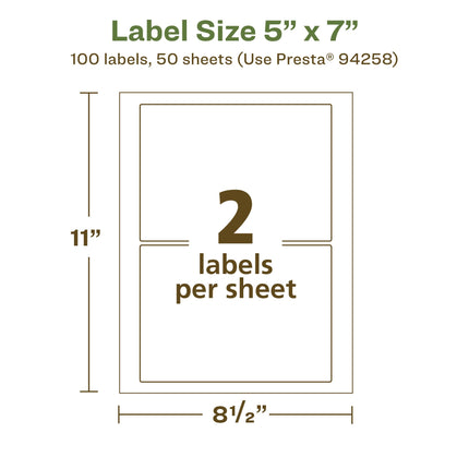 Avery EcoFriendly Matte White Recycled Rectangle Labels, 5" x 7", Matte White Labels, Permanent Adhesive, Laser/Inkjet Printable, 100 Total
