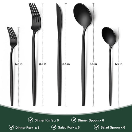Wildone Matte Black Silverware Set 30 Piece, Stainless Steel Flatware Set Service for 6, Cutlery Utensil Sets for Home Restaurant, Include Knife Fork Spoon Set, Dishwasher Safe