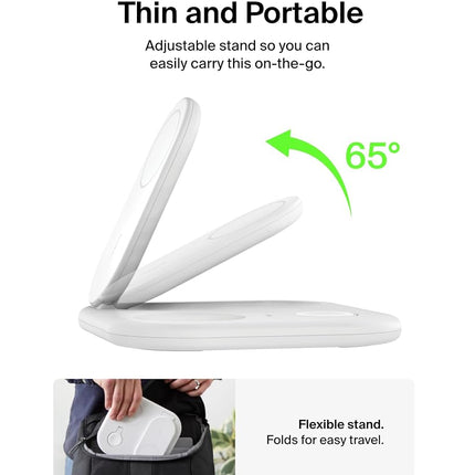 Belkin 3-in-1 MagSafe-Compatible iPhone Charger 15W, Foldable Magnetic Qi2-Certified Wireless Charging Station for iPhone 16, Apple Watch Series 10, AirPods 4, and More, w/Non-Slip Base & PSU - White