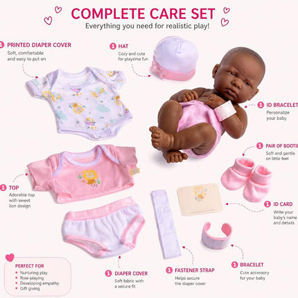 JC Toys La Newborn Nursery African American 8 Piece Layette Baby Doll Gift Set, featuring 14" Life-Like Original Newborn Doll, Pink Baby Doll, Pink African American