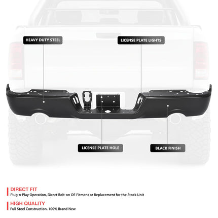 DNA MOTORING Rear Bumper Bar Compatible With Dodge Ram 1500 2009-2010, Ram 1500 2011-2018, 1500 Classic 2019-2024, With Dual Exhaust; Without Park Assist, CH1102372, Black, BUMP-R-DR09-FB-02-BK