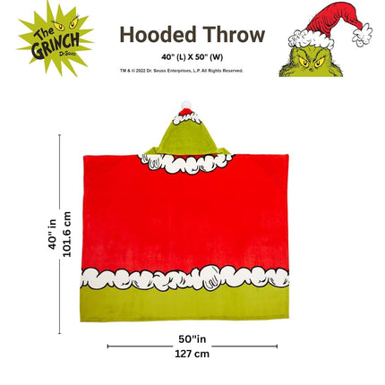 Franco Dr. Seuss The Grinch Holiday Christmas Kids Bedding Soft Cozy Hooded Throw Blanket, 40 in x 50 in, (Officially Licensed Product)