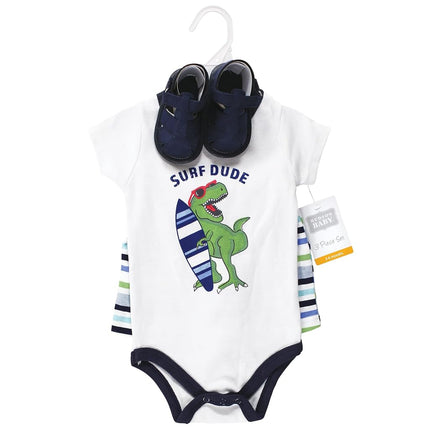 Hudson Baby Unisex Baby Cotton Bodysuit, Shorts and Shoe Set, Surf Dude, 12-18 Months