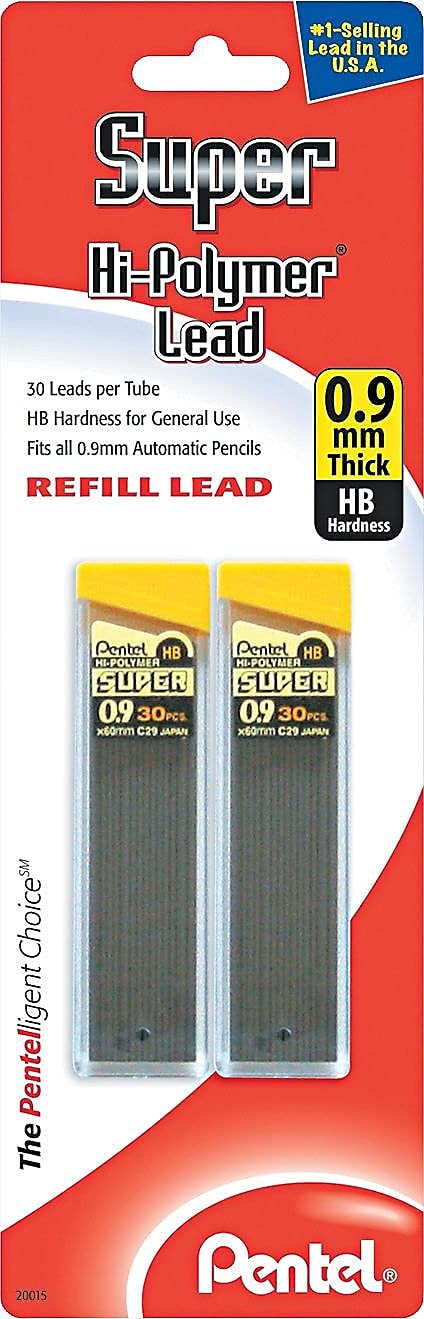Mines de rechange Pentel Super Hi-Polymer, épaisseur 0,9 mm, dureté HB, 60 mines (C29BPHB2)