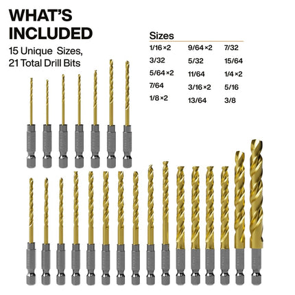 Klein Tools 53621 21-Piece Titanium Drill Bit Set, Impact-Rated, 1/4-Inch Hex Shank, Cuts Metal, Plastic, Wood, 15 Unique Sizes
