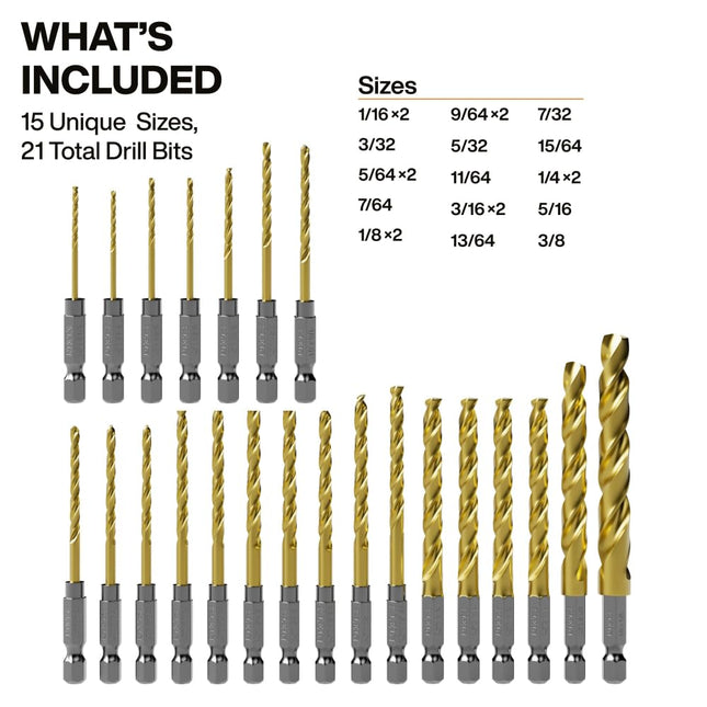 Klein Tools 53621 21-Piece Titanium Drill Bit Set, Impact-Rated, 1/4-Inch Hex Shank, Cuts Metal, Plastic, Wood, 15 Unique Sizes