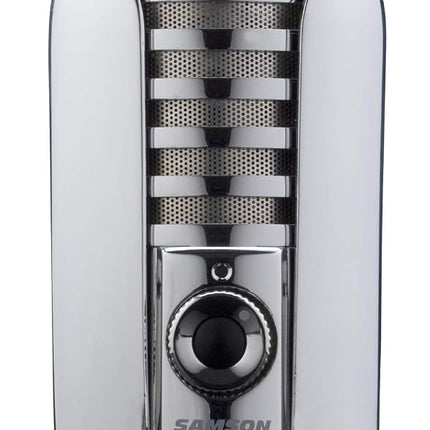Micrófono Samson Meteor Mic - Condensador USB portátil con calidad de estudio - Micrófono de alto rendimiento, uso general/podcasting/juegos/grabación de música, resolución de 16 bits, 44,1/48 kHz, Cromo plateado