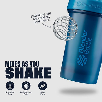 Bouteille Shaker BlenderBottle Classic V2, parfaite pour les boissons protéinées et les boissons avant l'entraînement, 1,3 litre, Bleu Océan